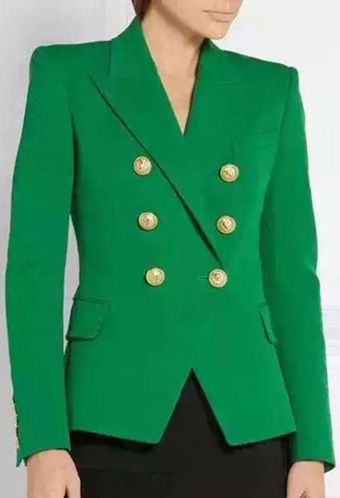 Double-Breasted Gold Button Twill Blazer, Green