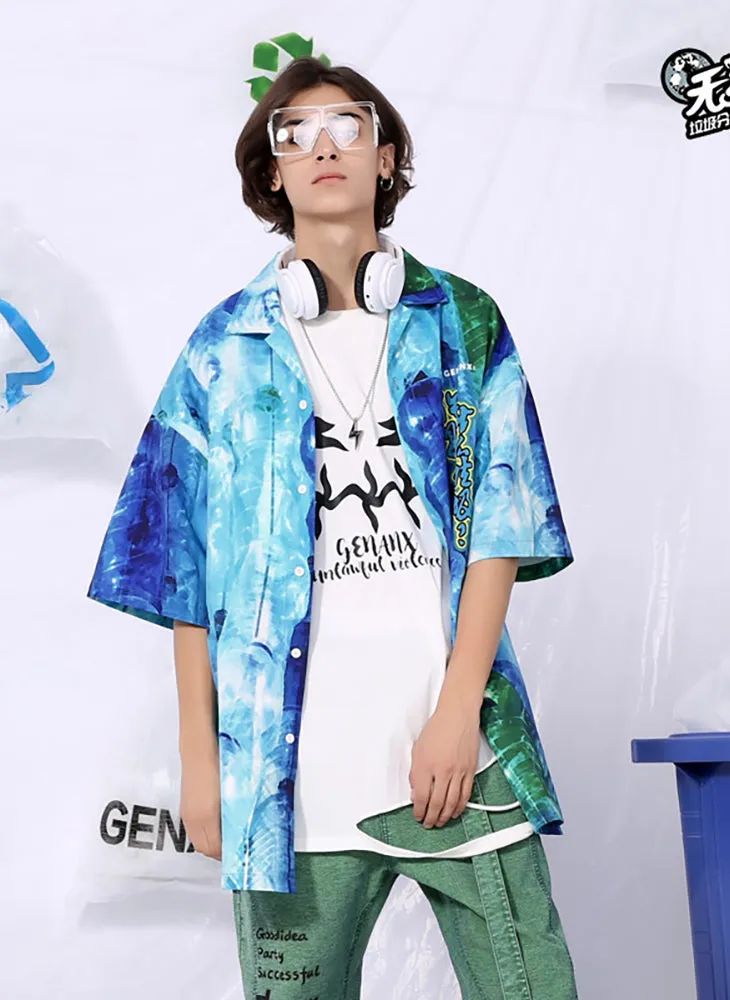 Graffiti Plastic Bottle Print Pointed Collar Shirt