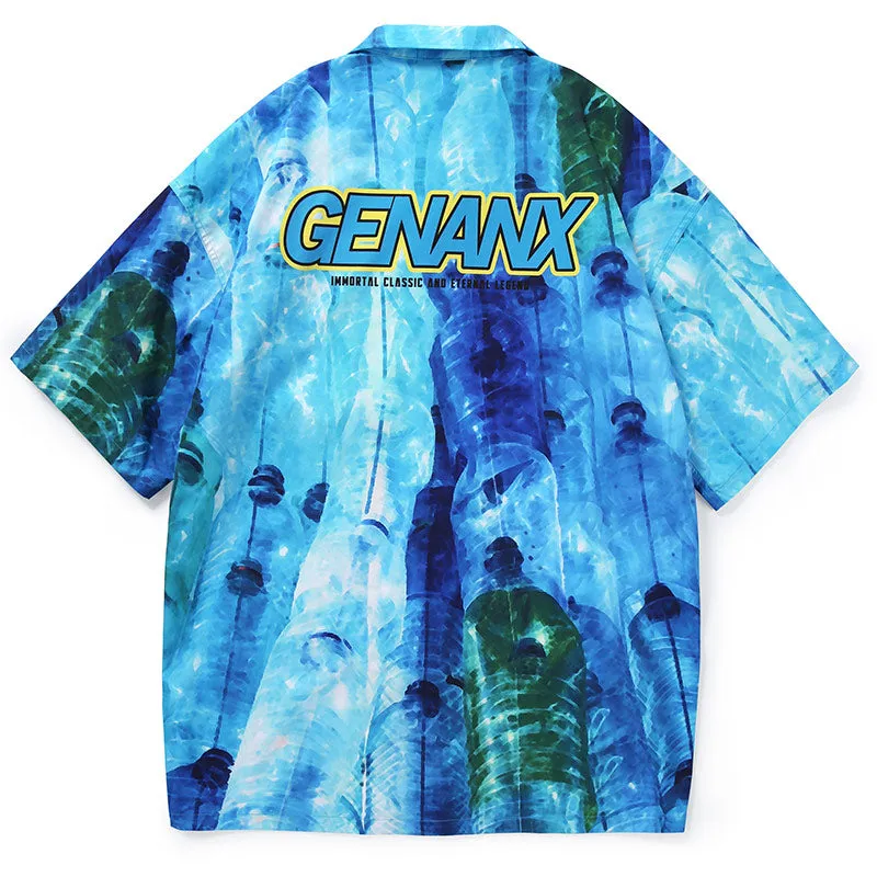 Graffiti Plastic Bottle Print Pointed Collar Shirt