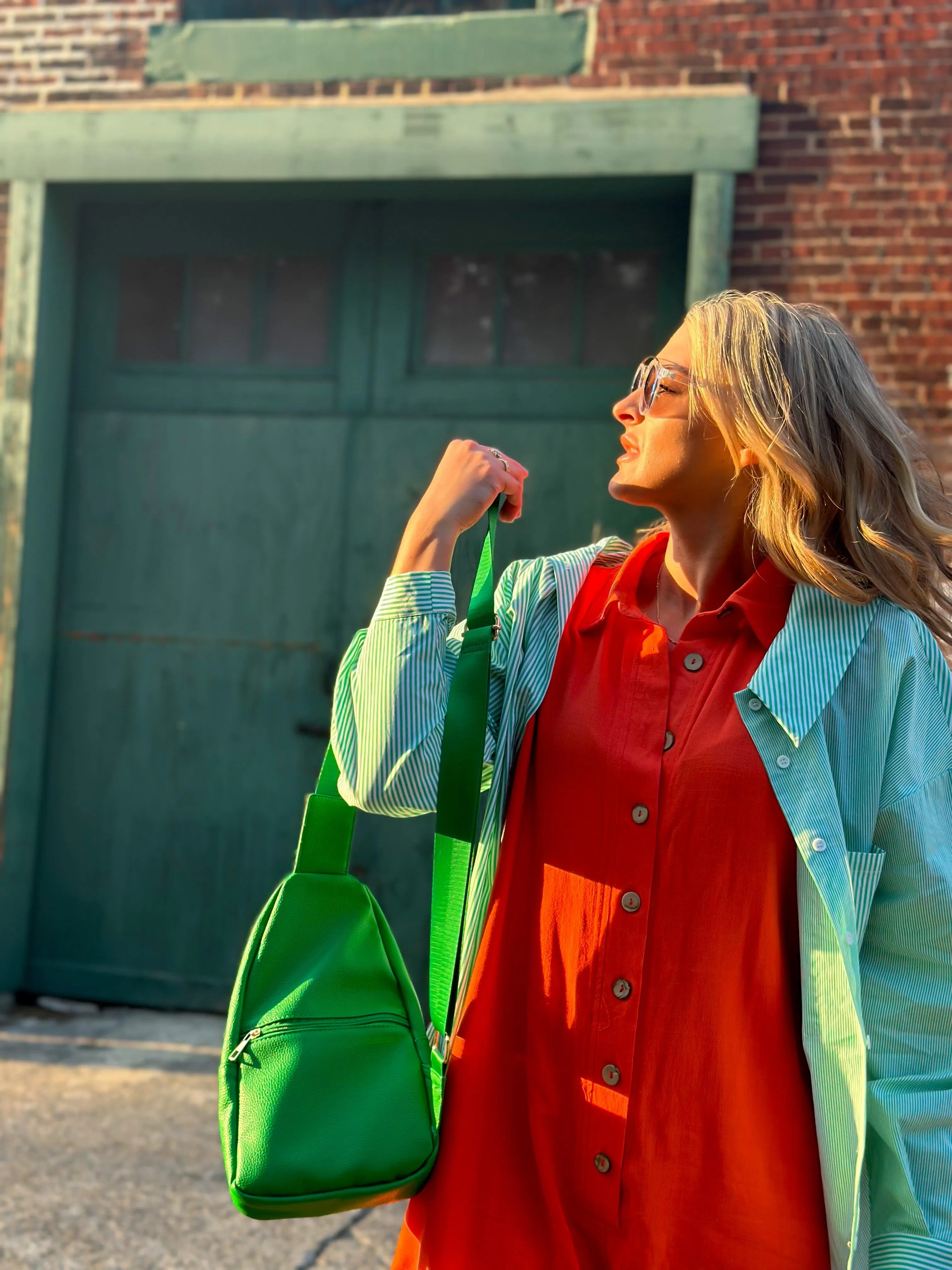 Green Contrast Striped Oversized Button Up Top