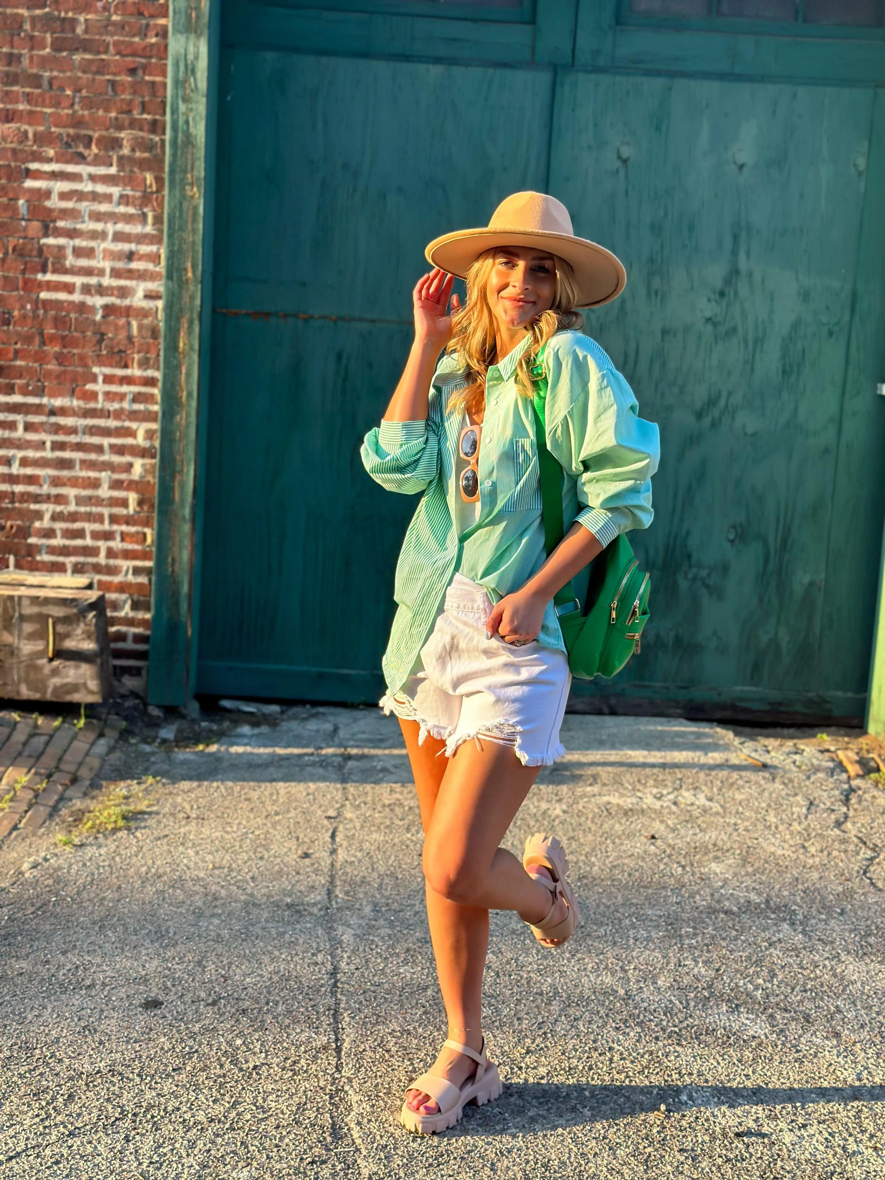 Green Contrast Striped Oversized Button Up Top