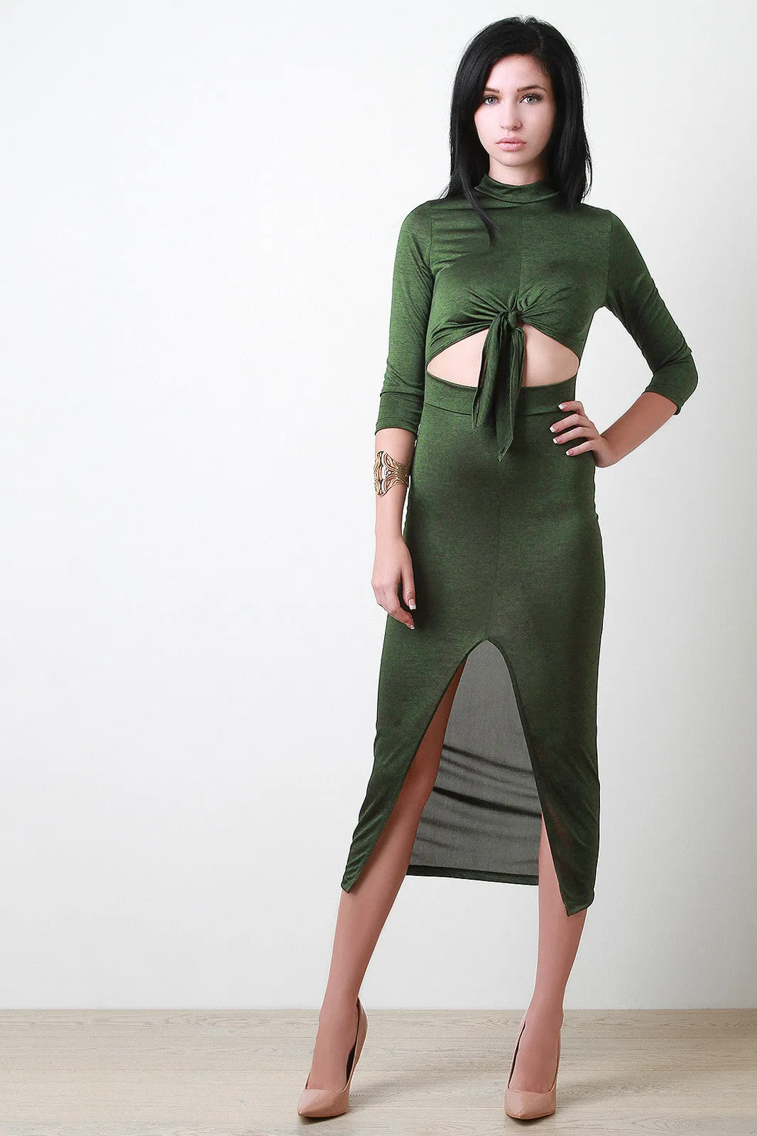 Knotted Mock Neck Cut Out Dress