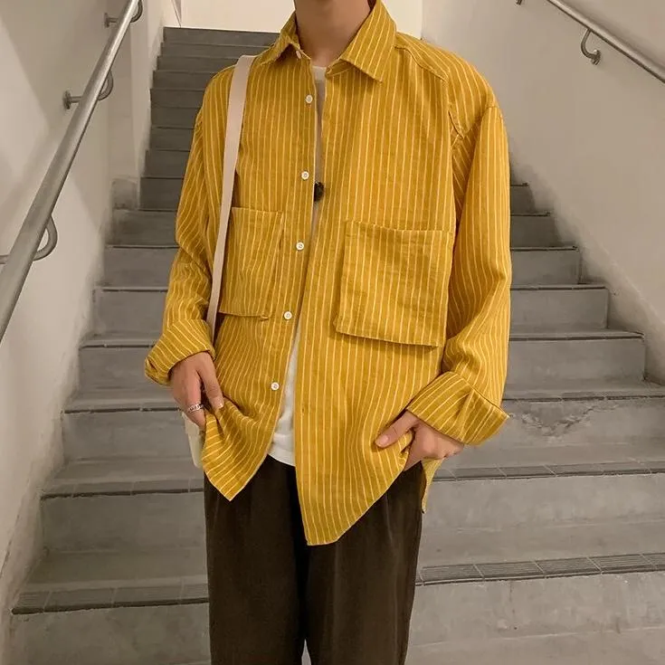 [Korean Style] 3 Colors Striped Large Pocket Shirts