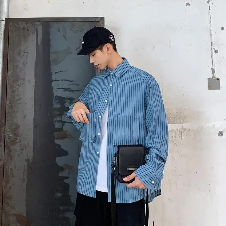 [Korean Style] 3 Colors Striped Large Pocket Shirts