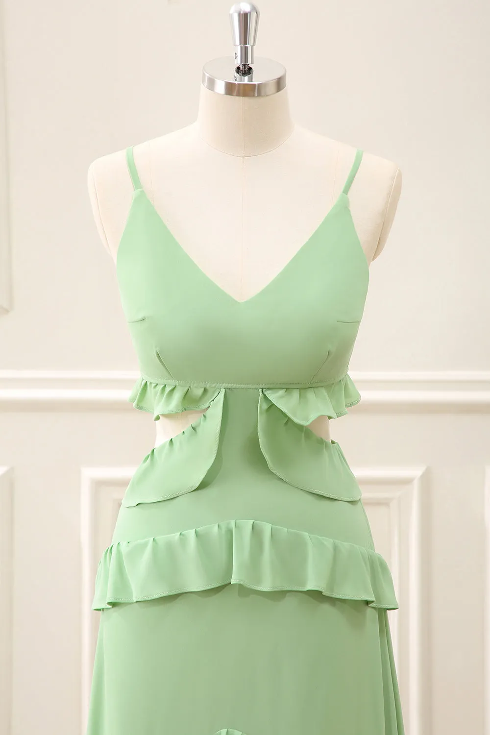 Light Green Chiffon Cut Out Maxi Dress with Ruffles