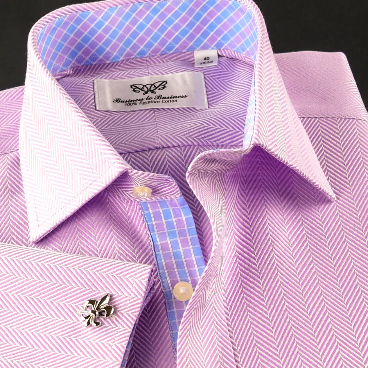 Lilac Herringbone Dress Shirt Luxury With Fancy Boss Inner Lining Double Cuff