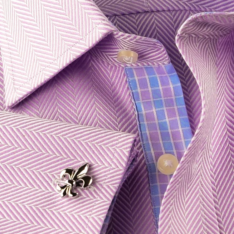 Lilac Herringbone Dress Shirt Luxury With Fancy Boss Inner Lining Double Cuff