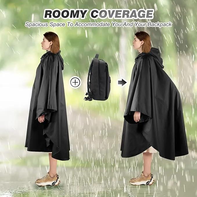 Lively Life Lightweight Waterproof Rain Poncho for Women Men, Windproof Reusable Ripstop Breathable Raincoat with Hood for Outdoor Activities Quick Dry Hooded Raincoat Free Size - Black