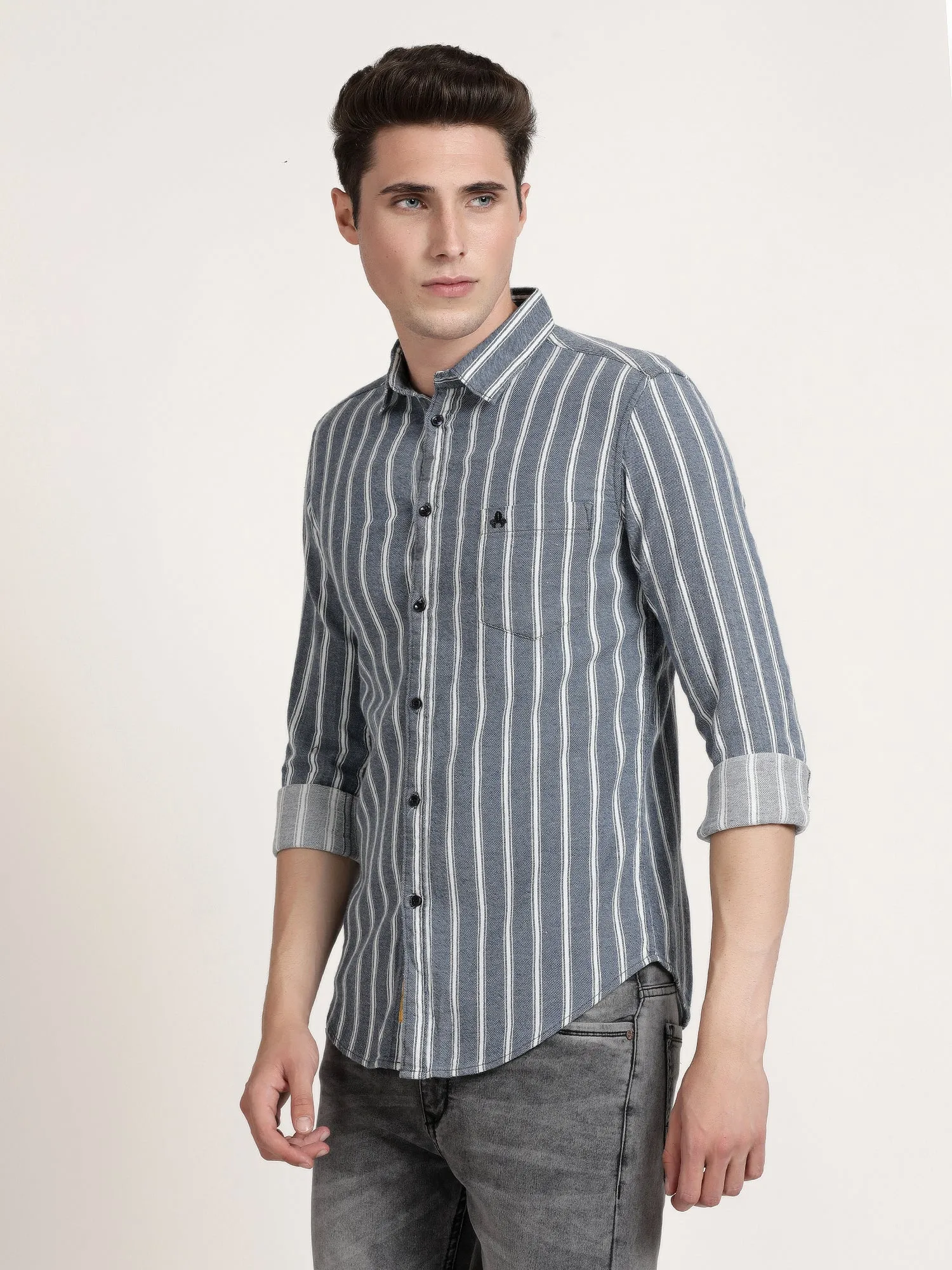 Men Grey Stripped Formal Shirt (GBRJ6005)