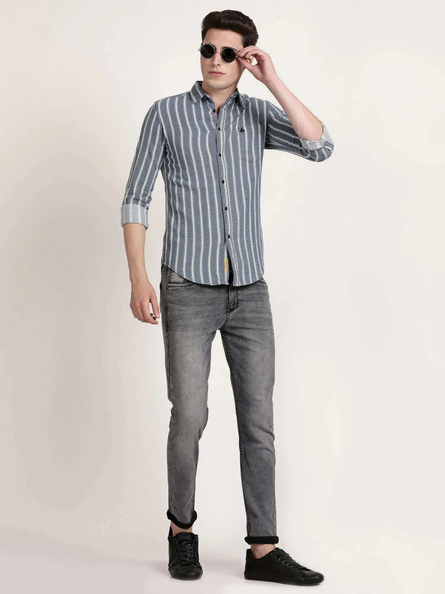 Men Grey Stripped Formal Shirt (GBRJ6005)