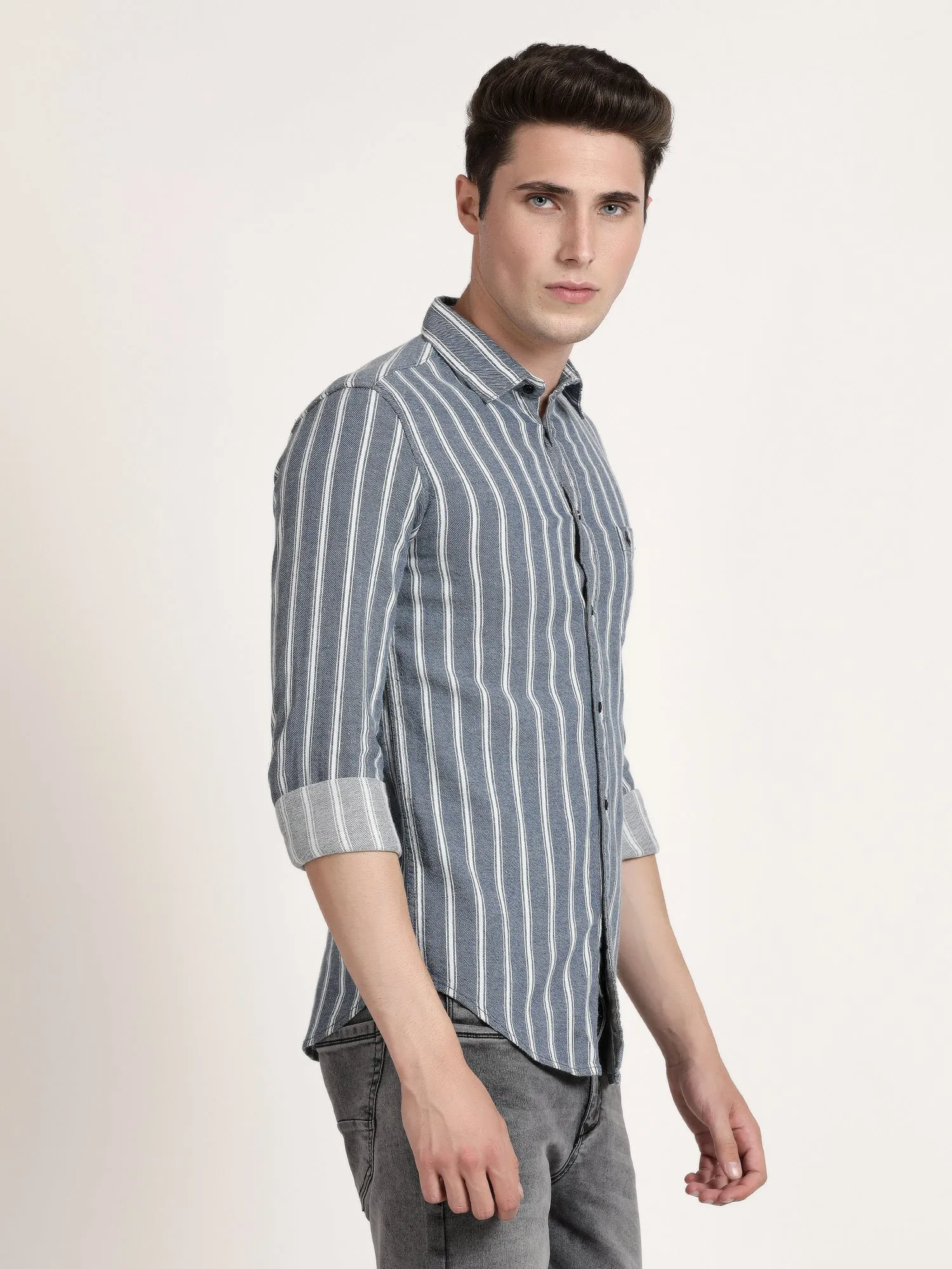 Men Grey Stripped Formal Shirt (GBRJ6005)