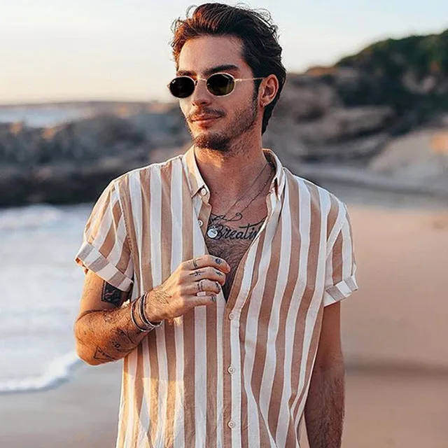 Men Summer Shirts Stripes Short Sleeve Shirt Striped Button Down