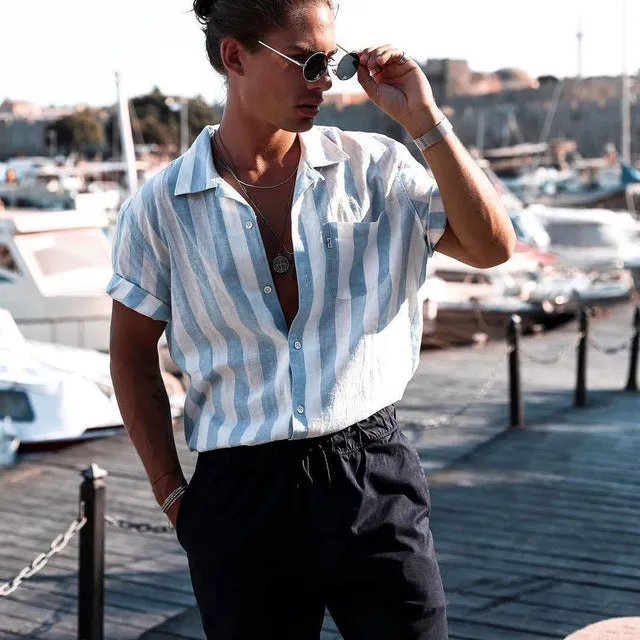 Men Summer Shirts Stripes Short Sleeve Shirt Striped Button Down