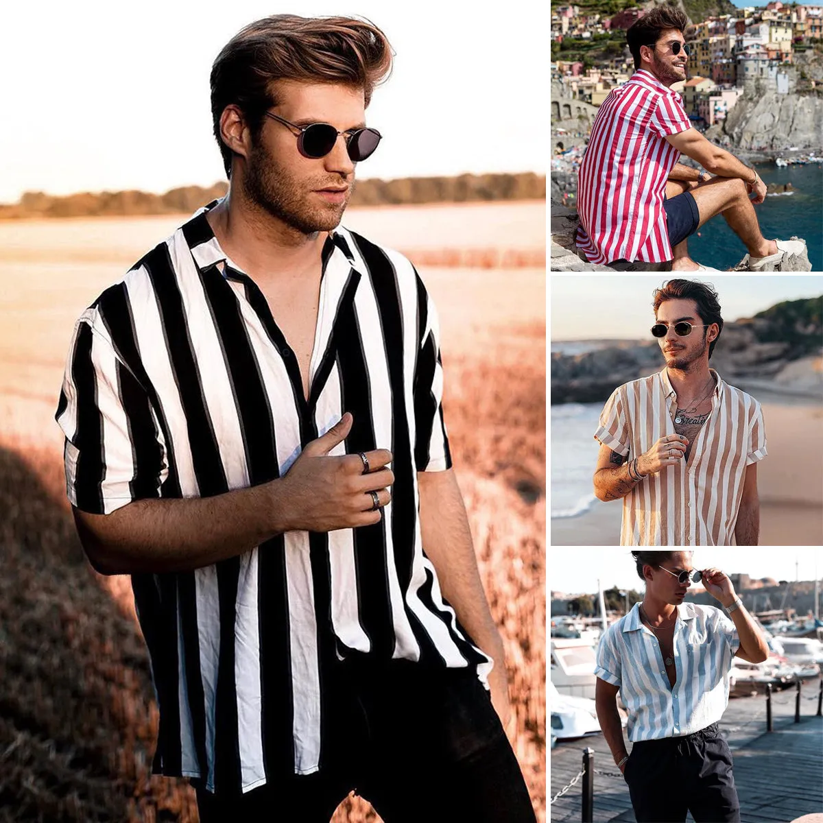 Men Summer Shirts Stripes Short Sleeve Shirt Striped Button Down