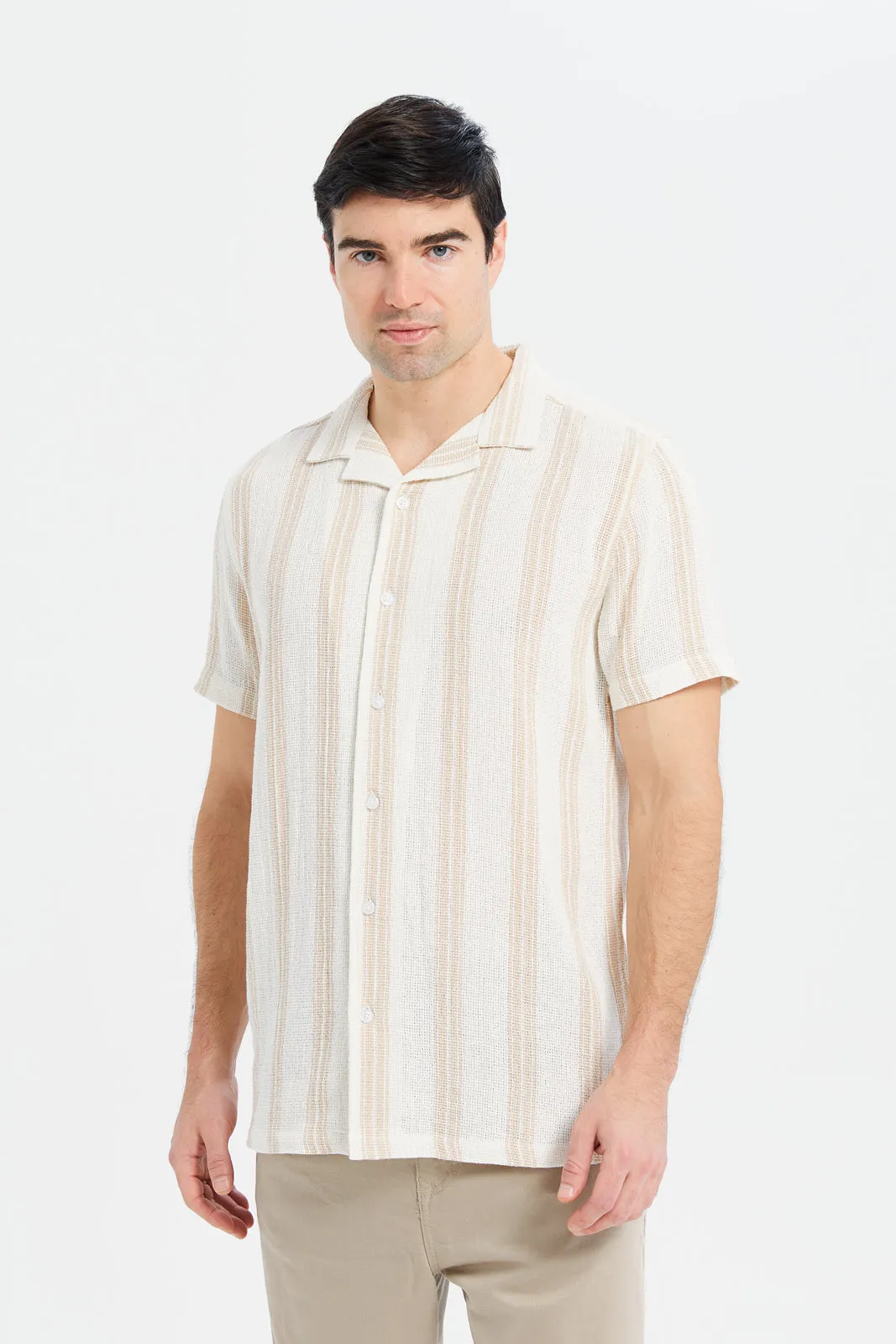 Men White Loose Weave Resort Shirt