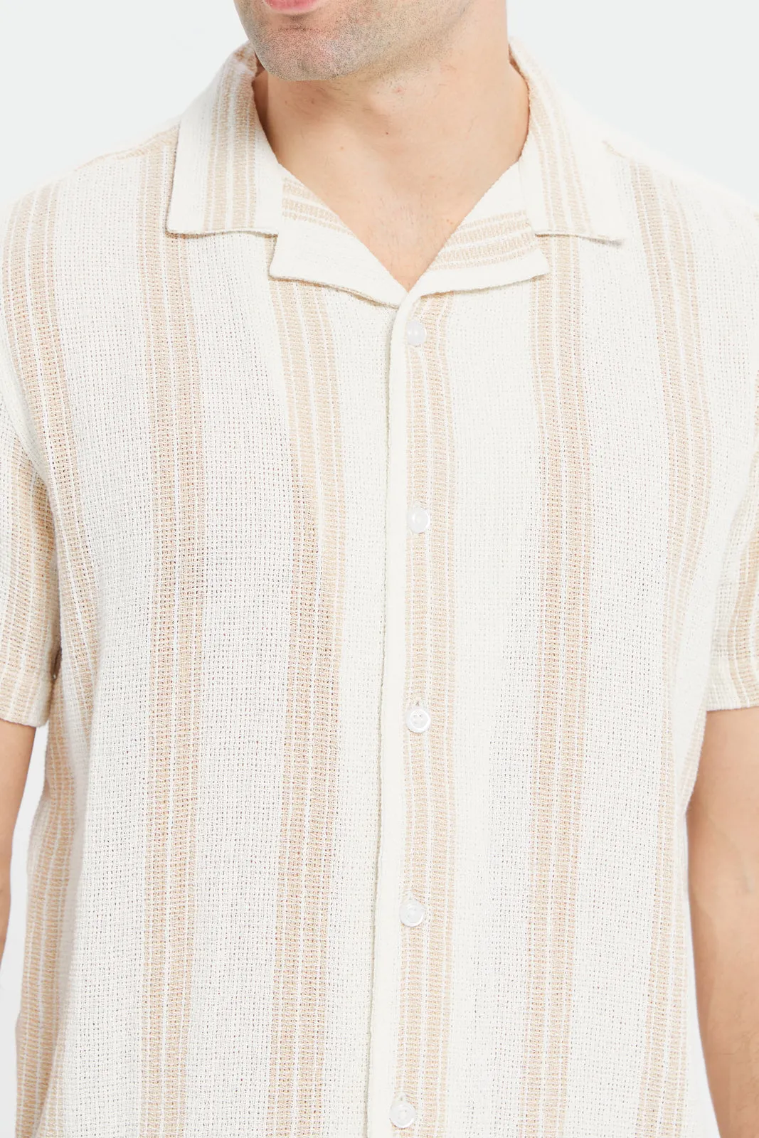 Men White Loose Weave Resort Shirt