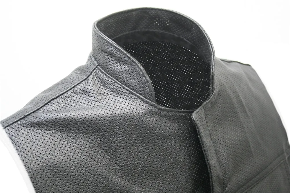 Mens Made in USA Black Perforated Leather Stand Up Collar Motorcycle Vest