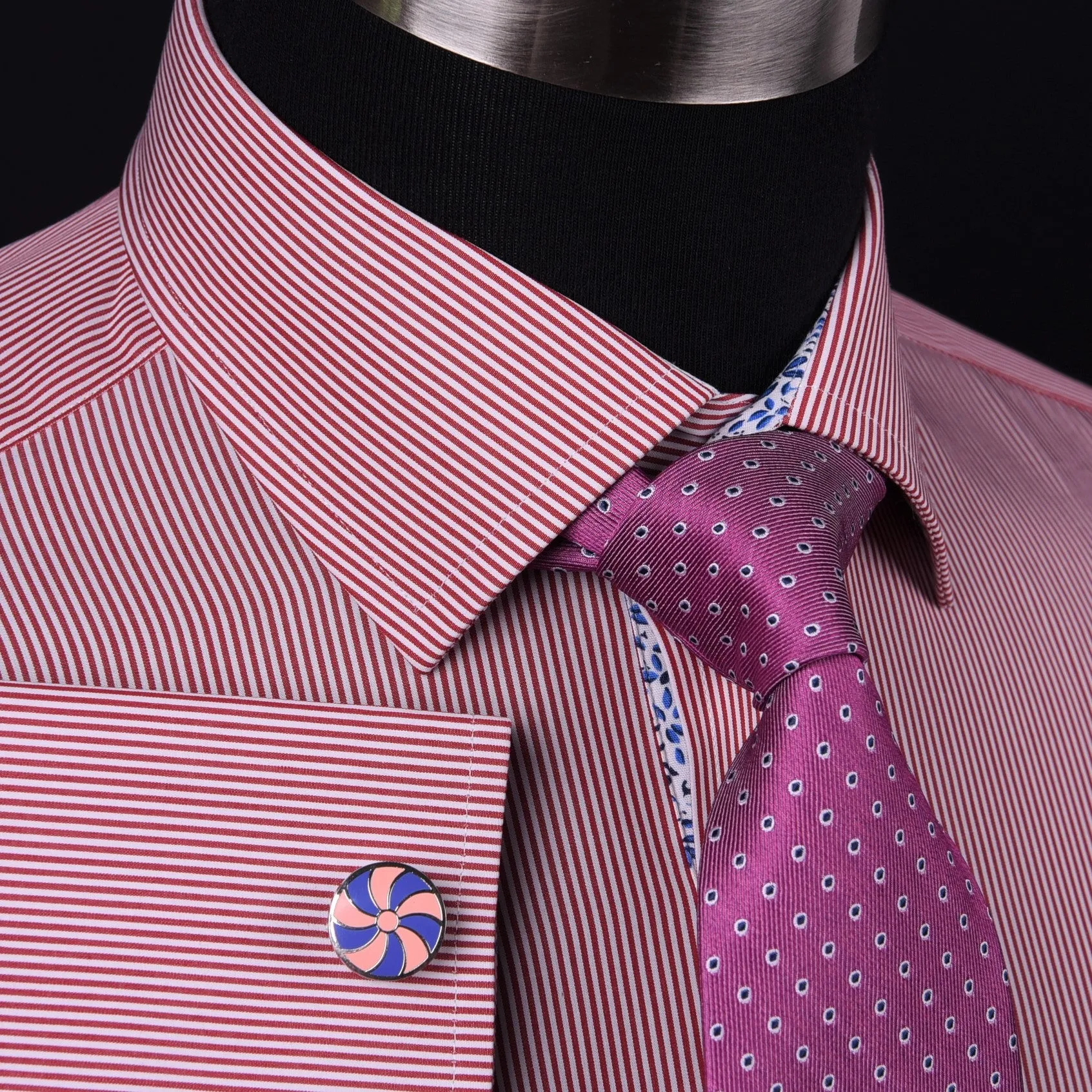 Mini Red Hairline Stripes Formal Business Dress Shirt Blue Floral Designer Style in Button Cuff with Spread Collar