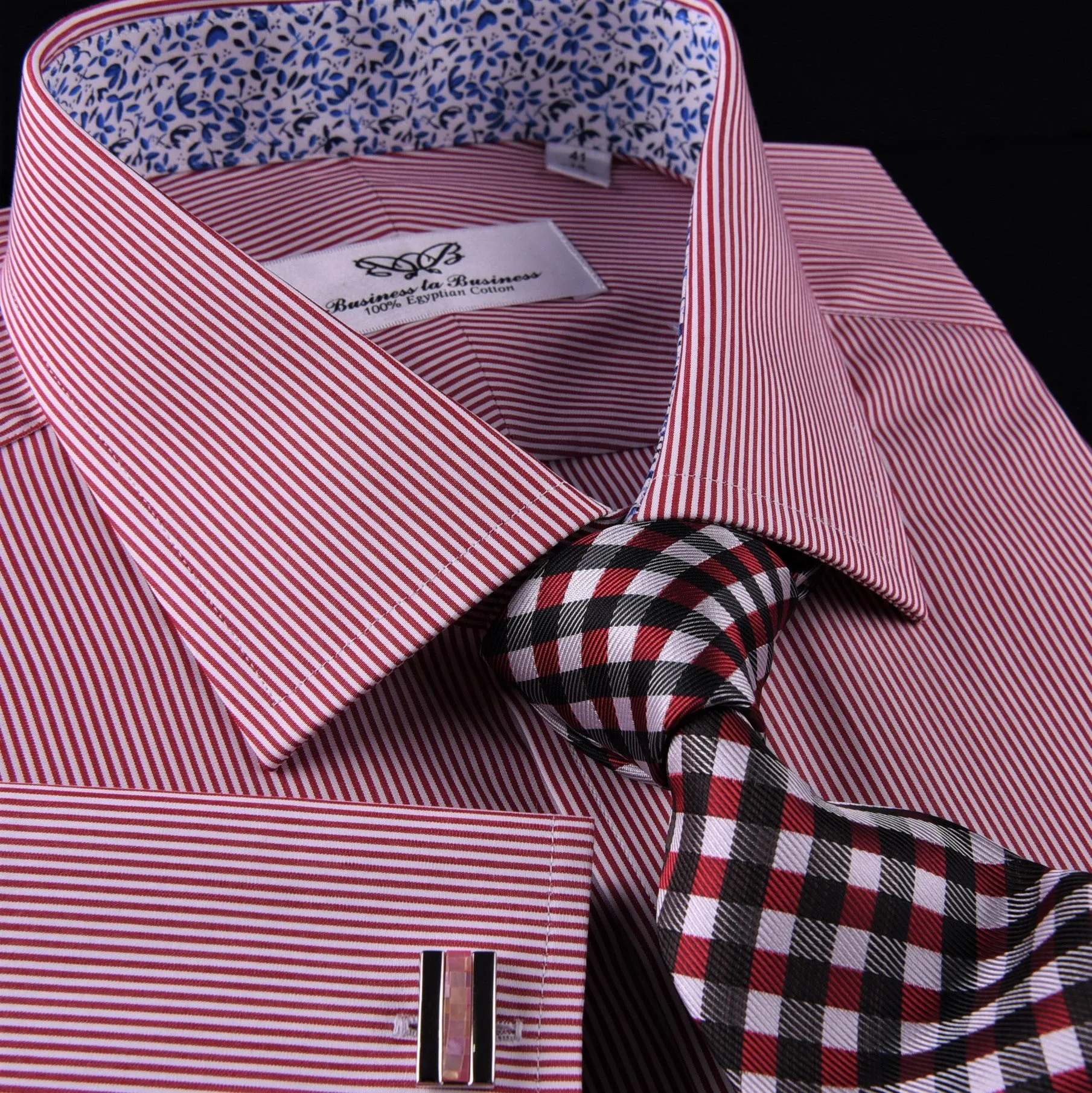 Mini Red Hairline Stripes Formal Business Dress Shirt Blue Floral Designer Style in Button Cuff with Spread Collar