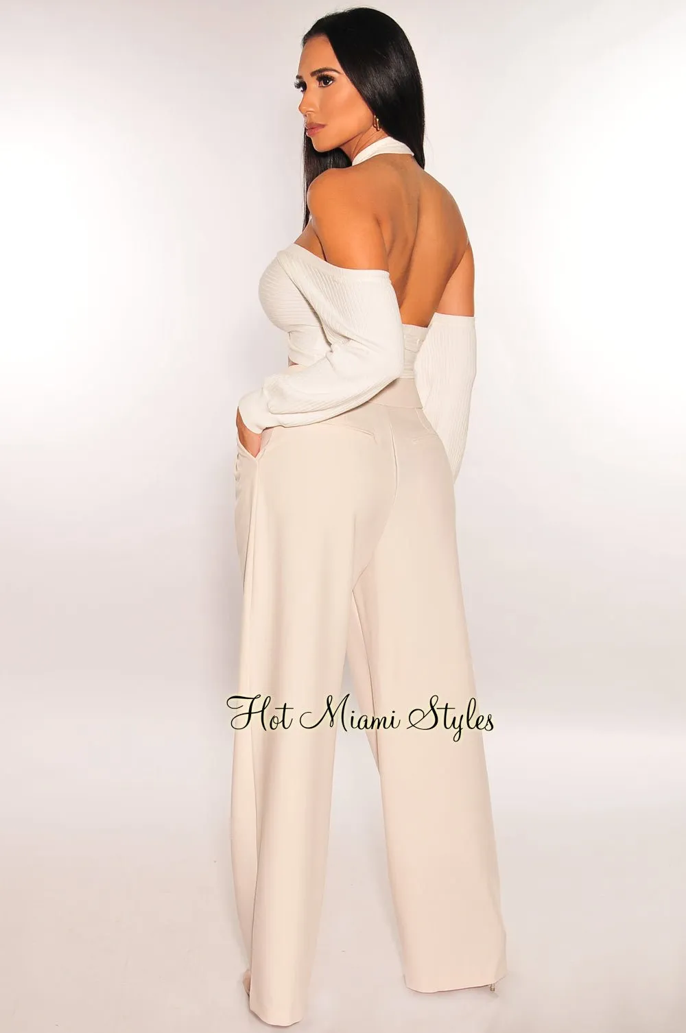 Nude High Waist Fold Over Pleated Wide Leg Pants