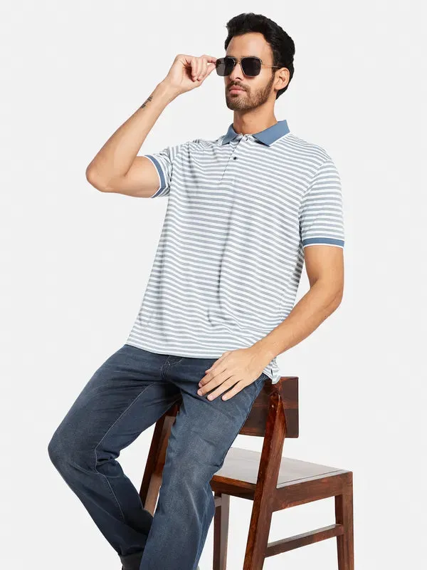 Octave Men Blue Striped Polo Collar Pockets T-Shirt