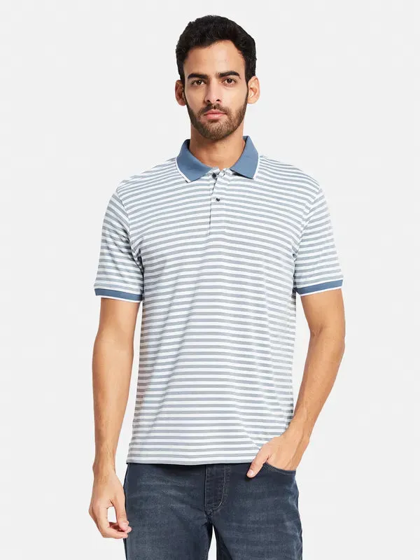 Octave Men Blue Striped Polo Collar Pockets T-Shirt