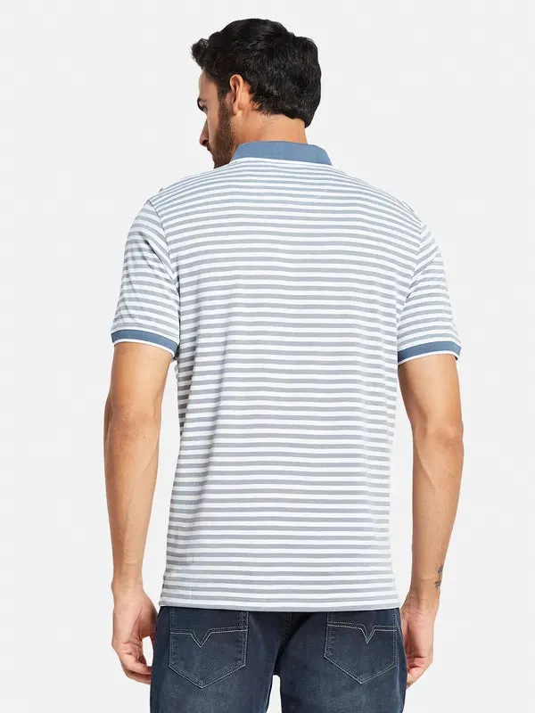 Octave Men Blue Striped Polo Collar Pockets T-Shirt