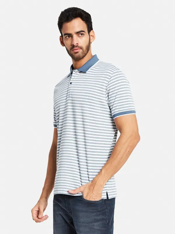 Octave Men Blue Striped Polo Collar Pockets T-Shirt