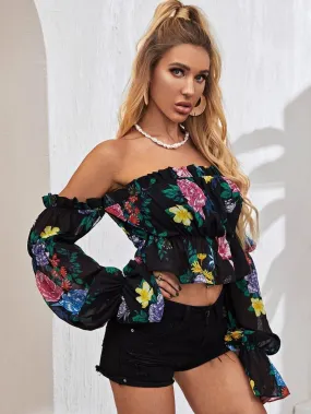 Off Shoulder Bell Sleeve Floral Peplum Top