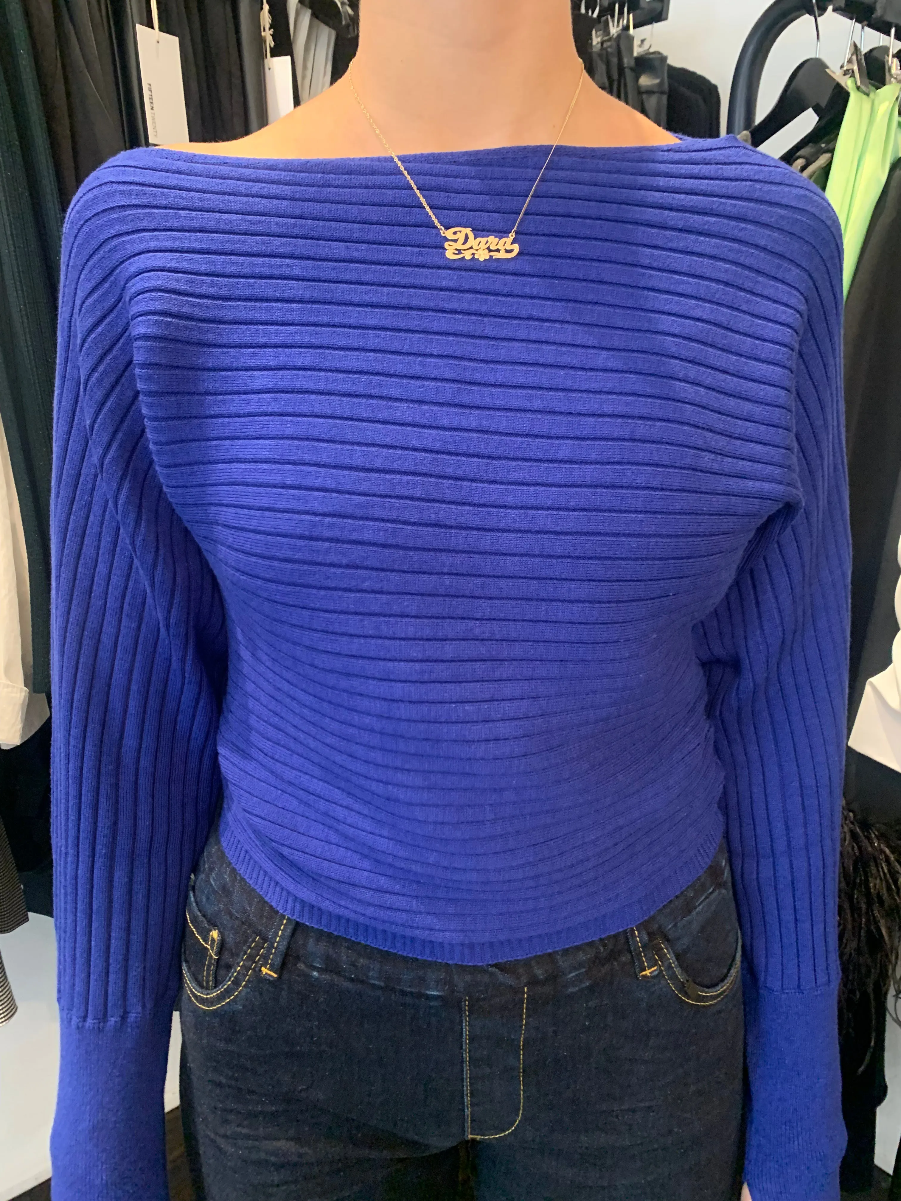 Off Shoulder Sweater in Royal