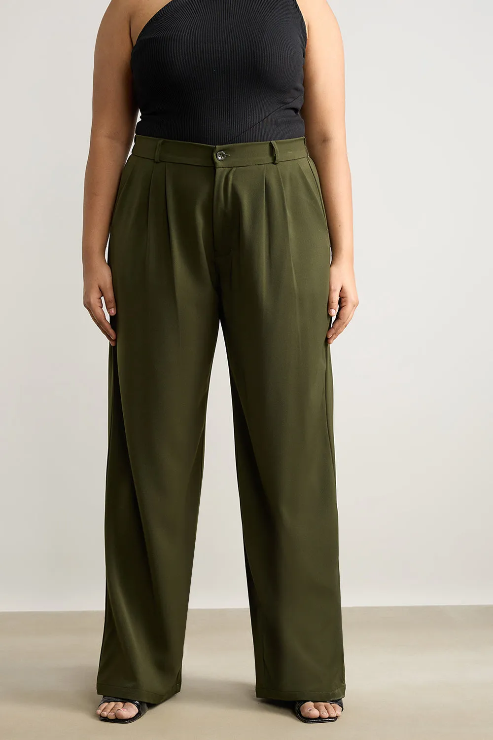 Olive Pleated Straight Fit Curve Korean Pant