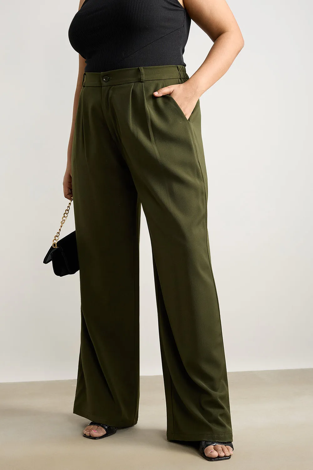 Olive Pleated Straight Fit Curve Korean Pant