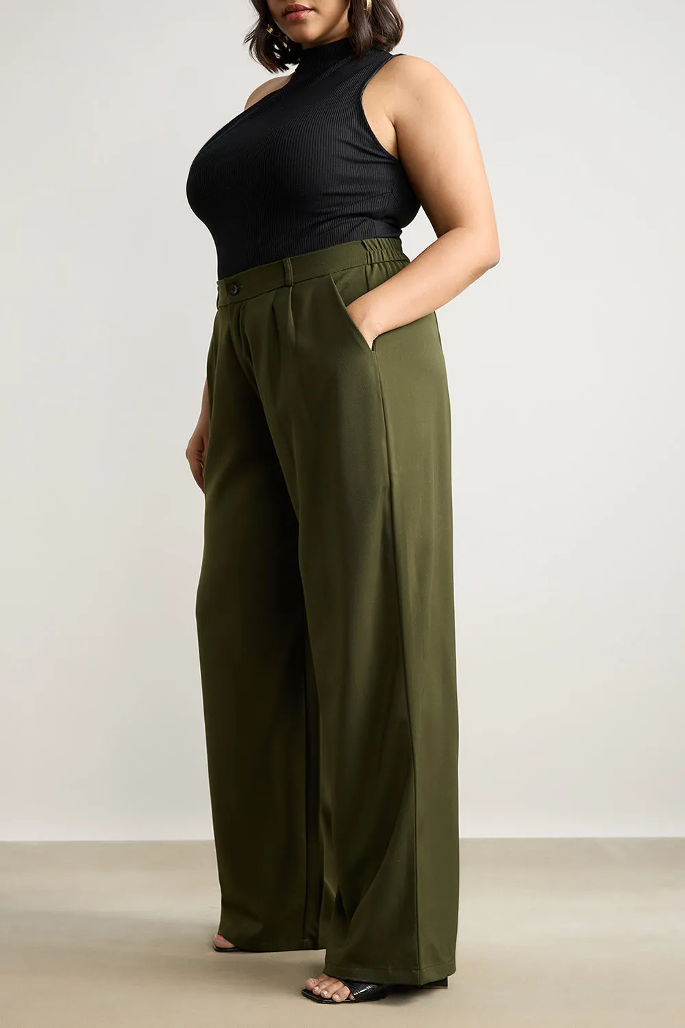 Olive Pleated Straight Fit Curve Korean Pant