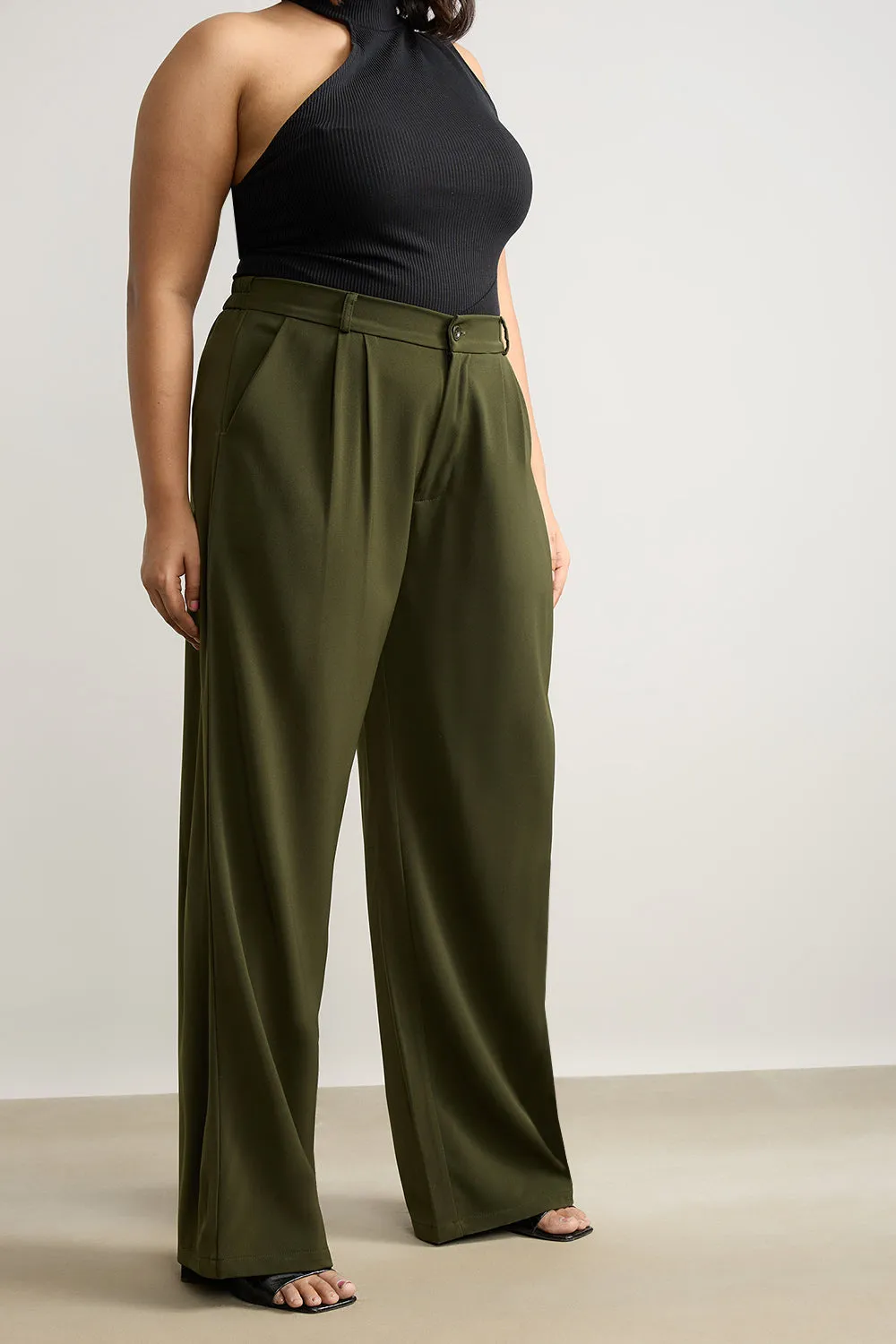 Olive Pleated Straight Fit Curve Korean Pant