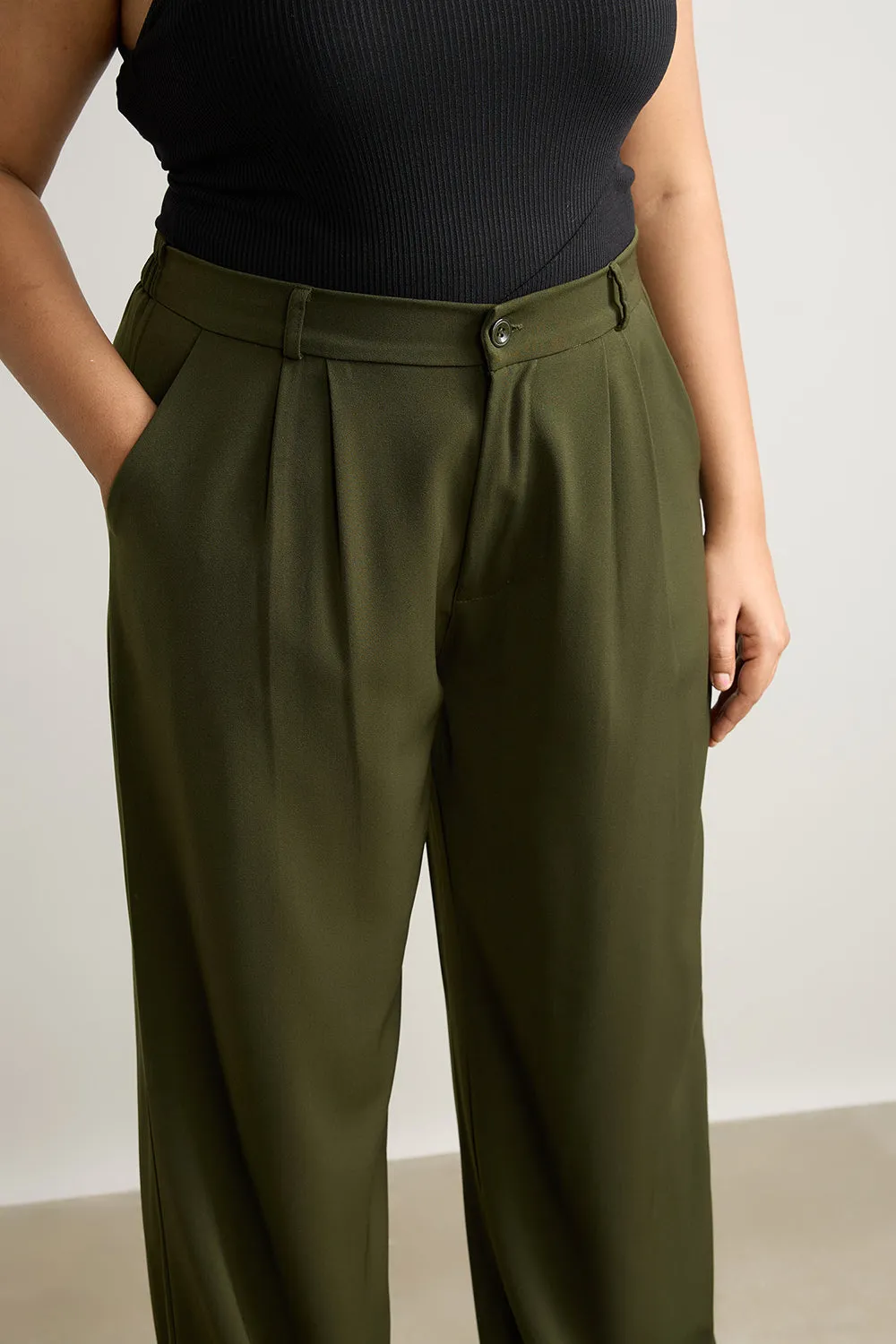 Olive Pleated Straight Fit Curve Korean Pant