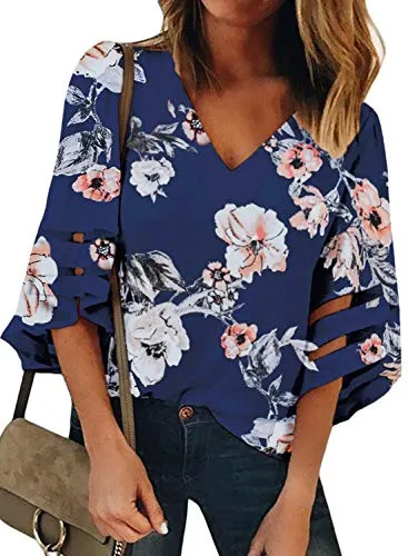 onlypuff Women Solid Color V Neck 3/4 Bell Sleeves Blouses Shirt Tunic Tops DarkBlue M