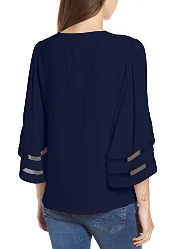 onlypuff Women Solid Color V Neck 3/4 Bell Sleeves Blouses Shirt Tunic Tops DarkBlue M