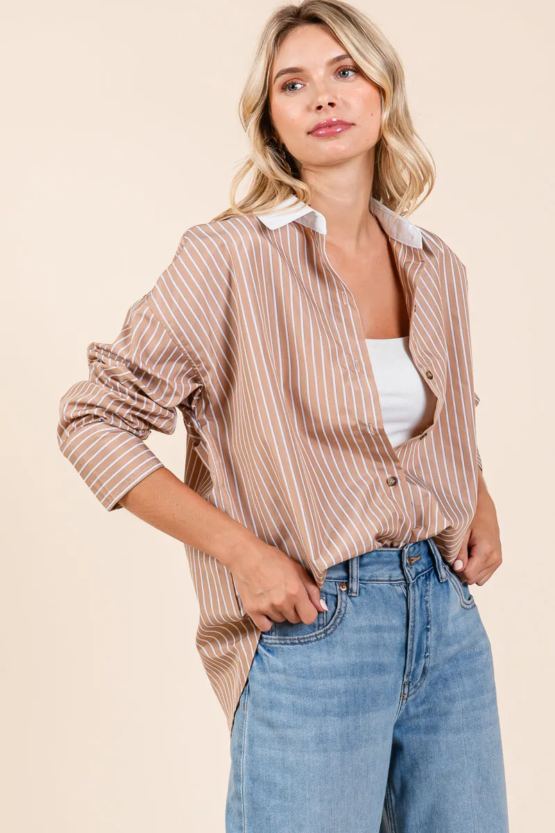 Oversized Button Down Collared Stripe Shirt Blouse