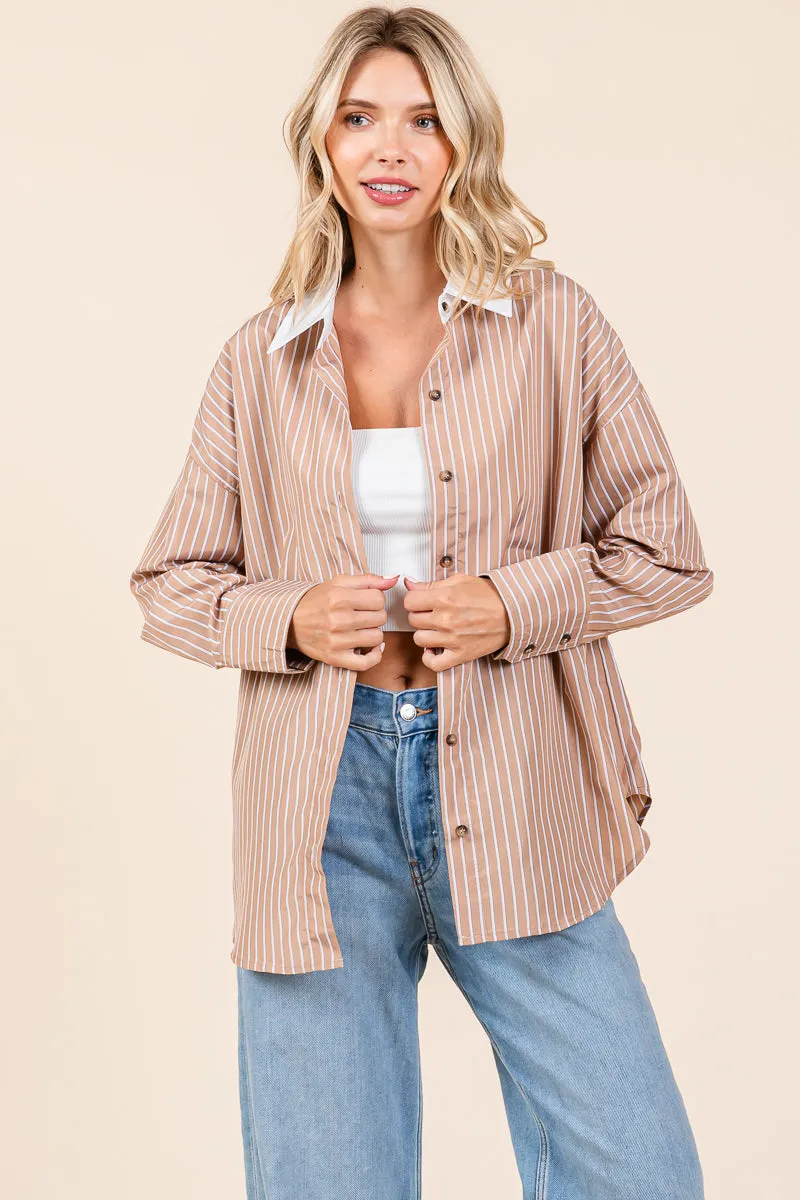 Oversized Button Down Collared Stripe Shirt Blouse