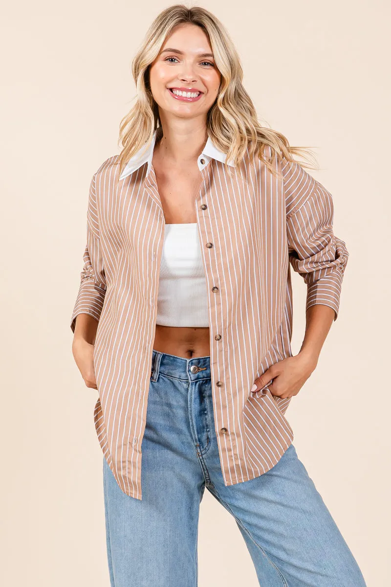 Oversized Button Down Collared Stripe Shirt Blouse