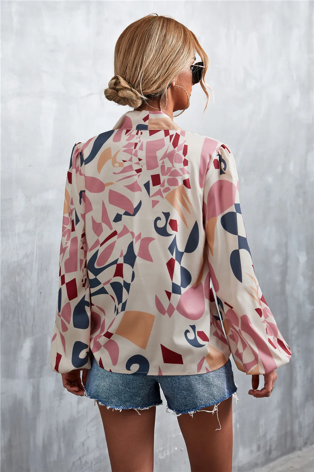 Printed Tie Neck Puff Sleeve Blouse