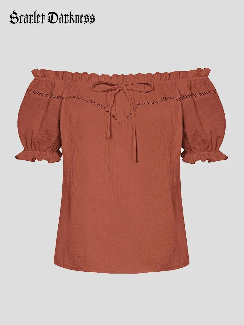 Renaissance Cotton Crew Neck Off Shoulder Lace-up Tops