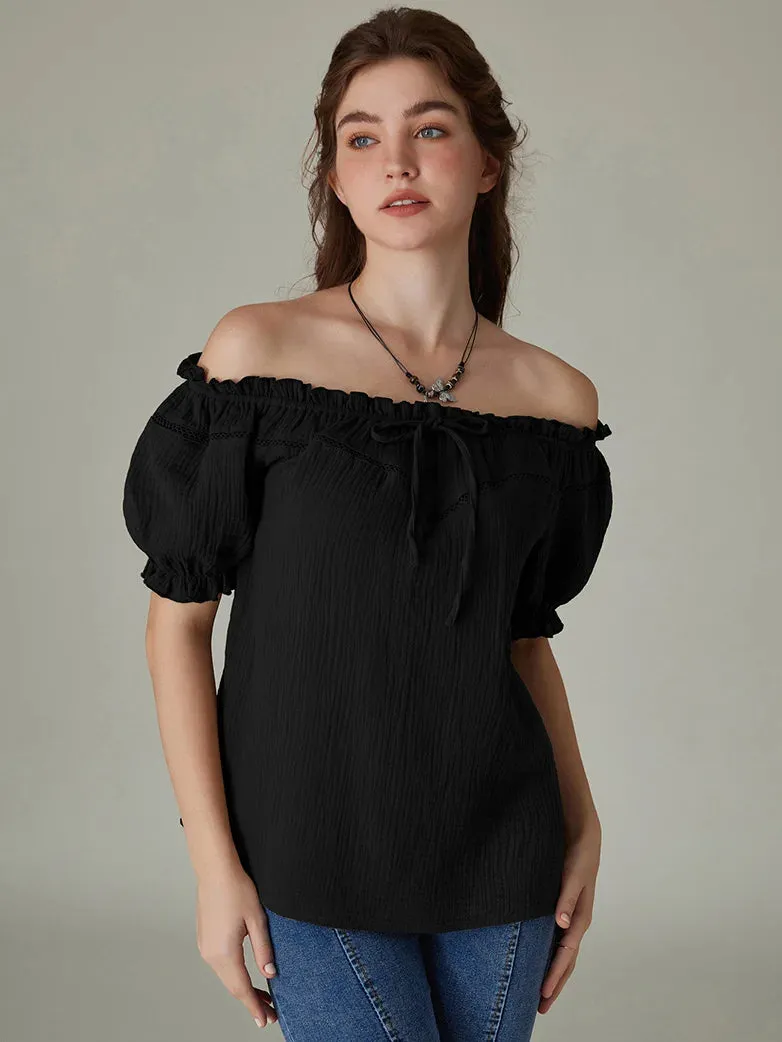 Renaissance Cotton Crew Neck Off Shoulder Lace-up Tops