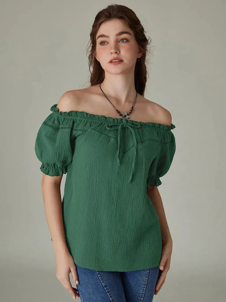 Renaissance Cotton Crew Neck Off Shoulder Lace-up Tops