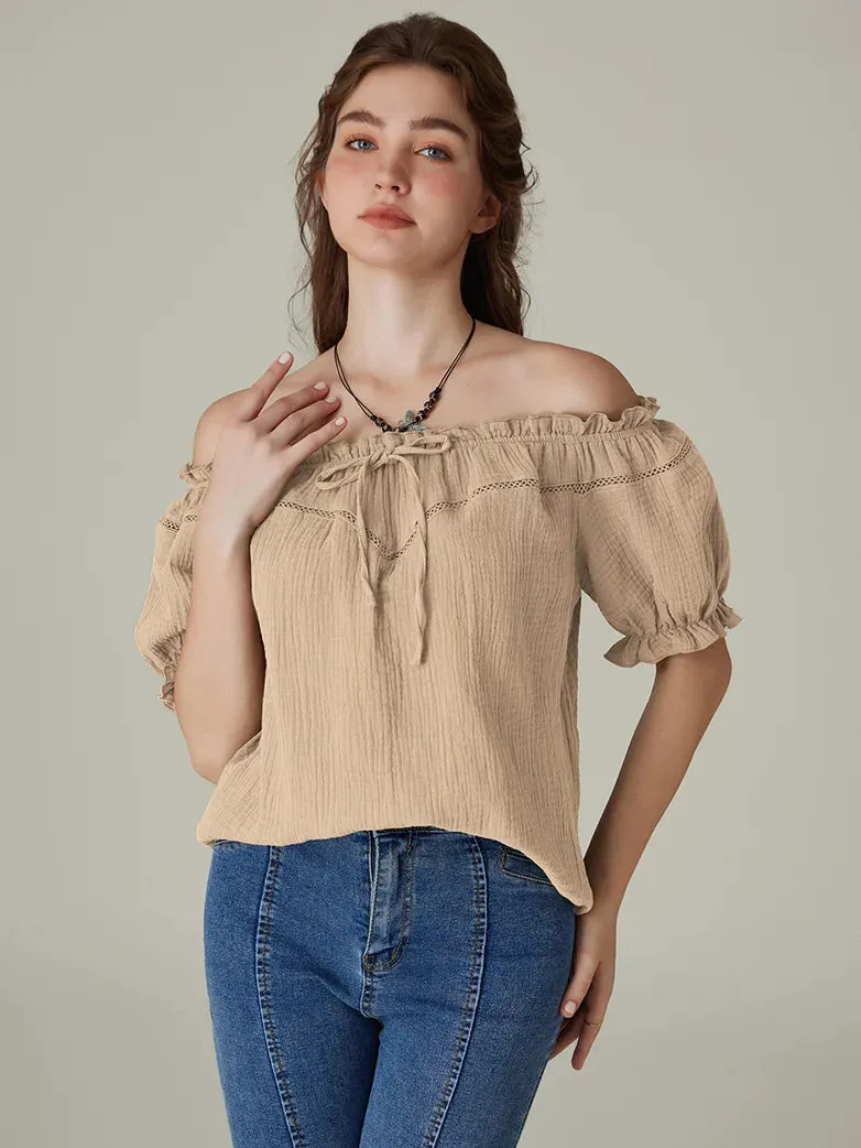 Renaissance Cotton Crew Neck Off Shoulder Lace-up Tops