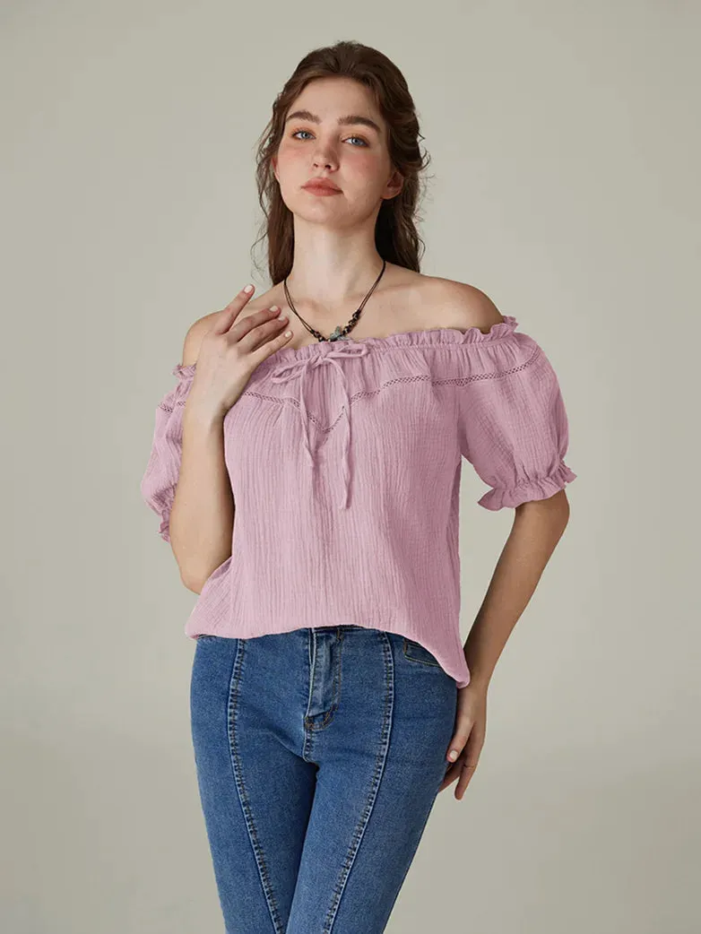 Renaissance Cotton Crew Neck Off Shoulder Lace-up Tops