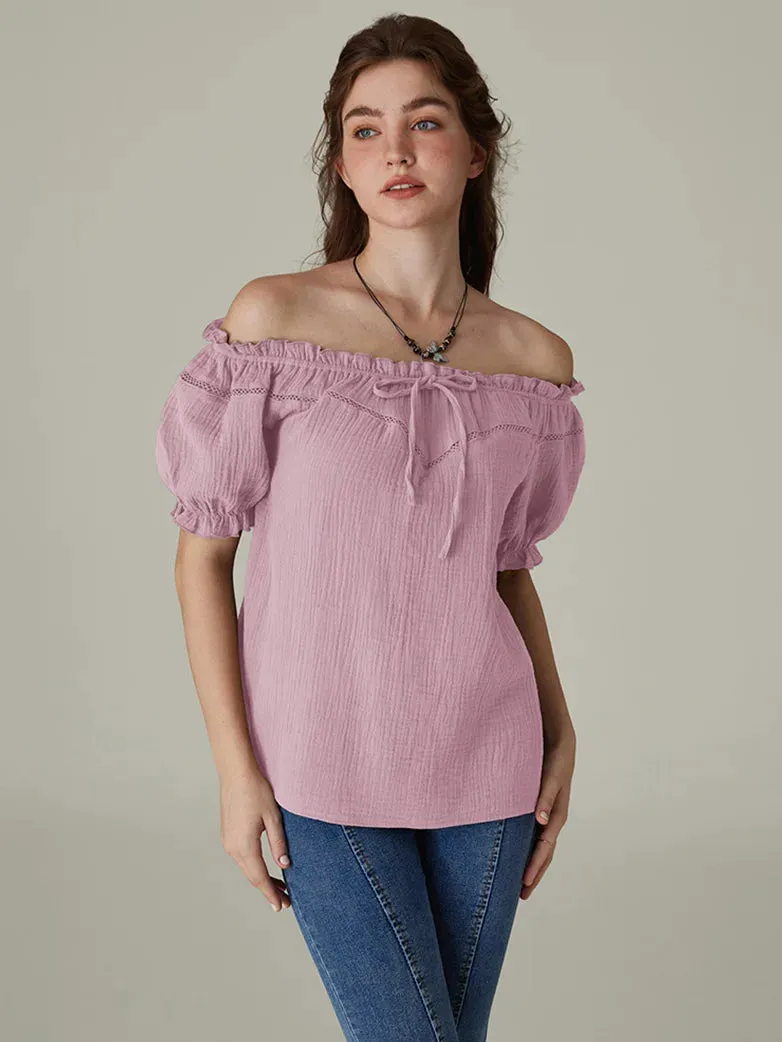 Renaissance Cotton Crew Neck Off Shoulder Lace-up Tops