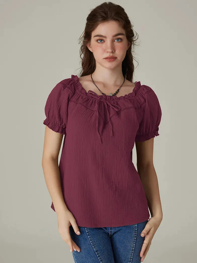 Renaissance Cotton Crew Neck Off Shoulder Lace-up Tops