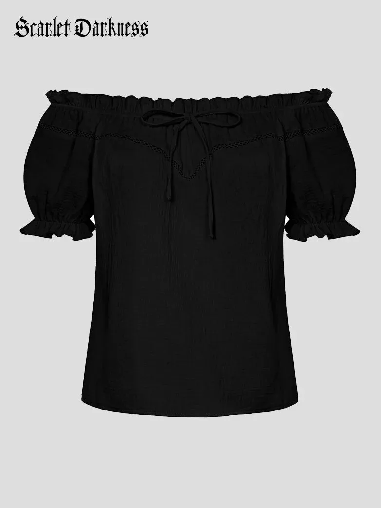 Renaissance Cotton Crew Neck Off Shoulder Lace-up Tops