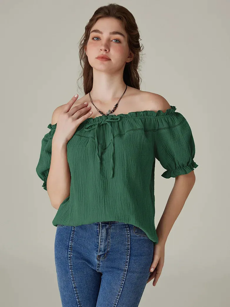 Renaissance Cotton Crew Neck Off Shoulder Lace-up Tops